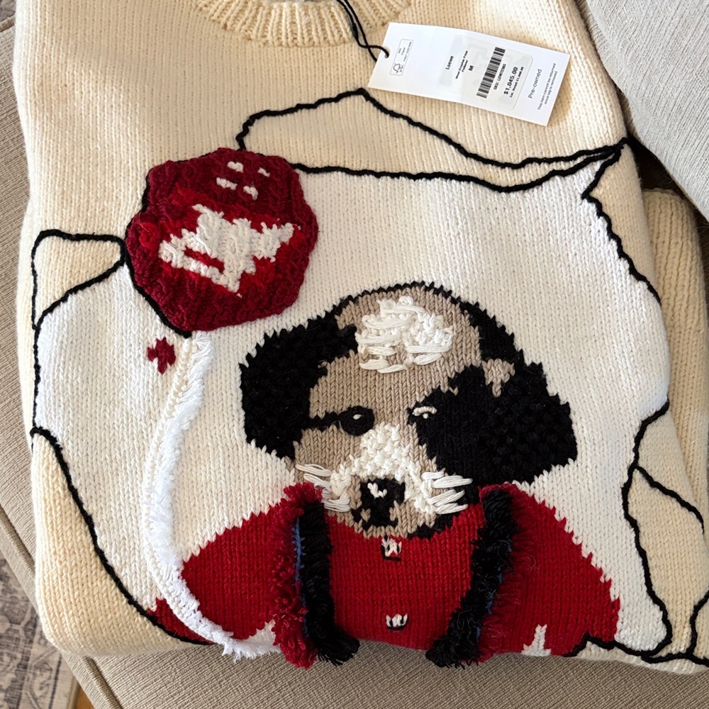 Loewe Cream Knit Sweater with Dog Graphic in Red, Blue and Black - Picture 6 of 6